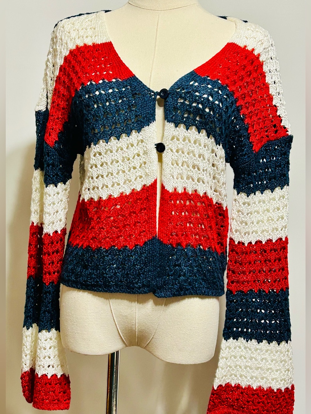Striped Open-Knit Button-Front Cardigan — Red, Navy & White 🇺🇸
